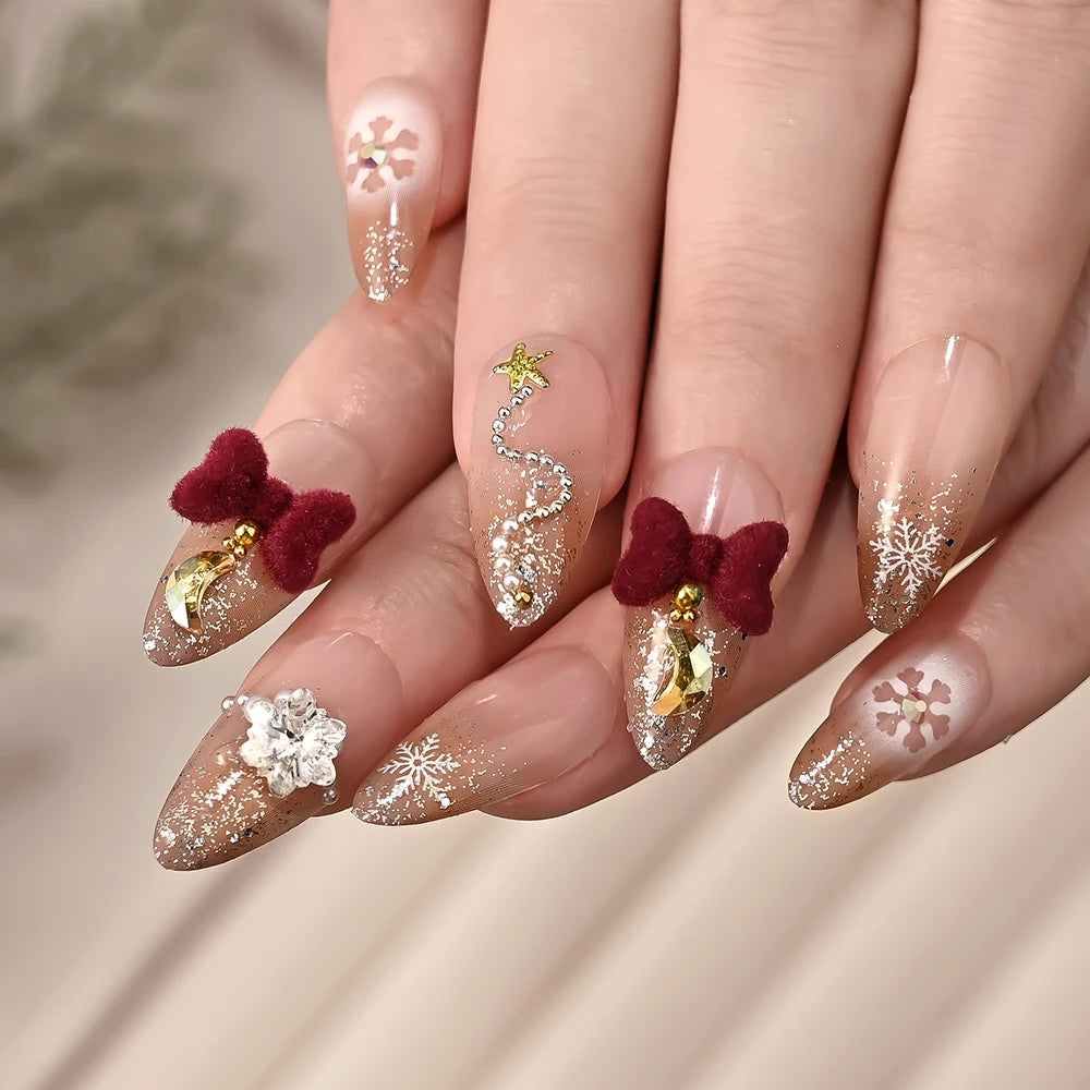24Pcs Glitter powder French Christmas Fake Nails Almond Full Cover False Nails Snowflake with Bowknot Rhinestone Press On Nails