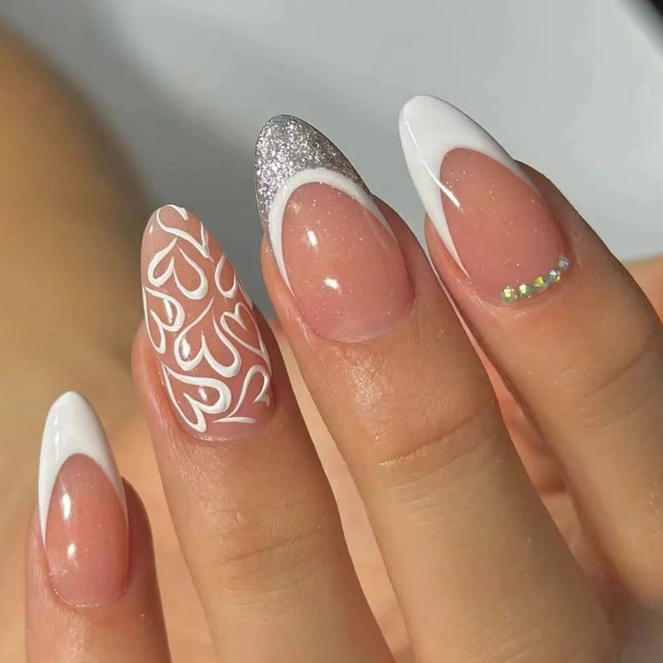 24pcs Long Almond Fake Nails White French Press on Nails Simple Full Cover Detachable Nail