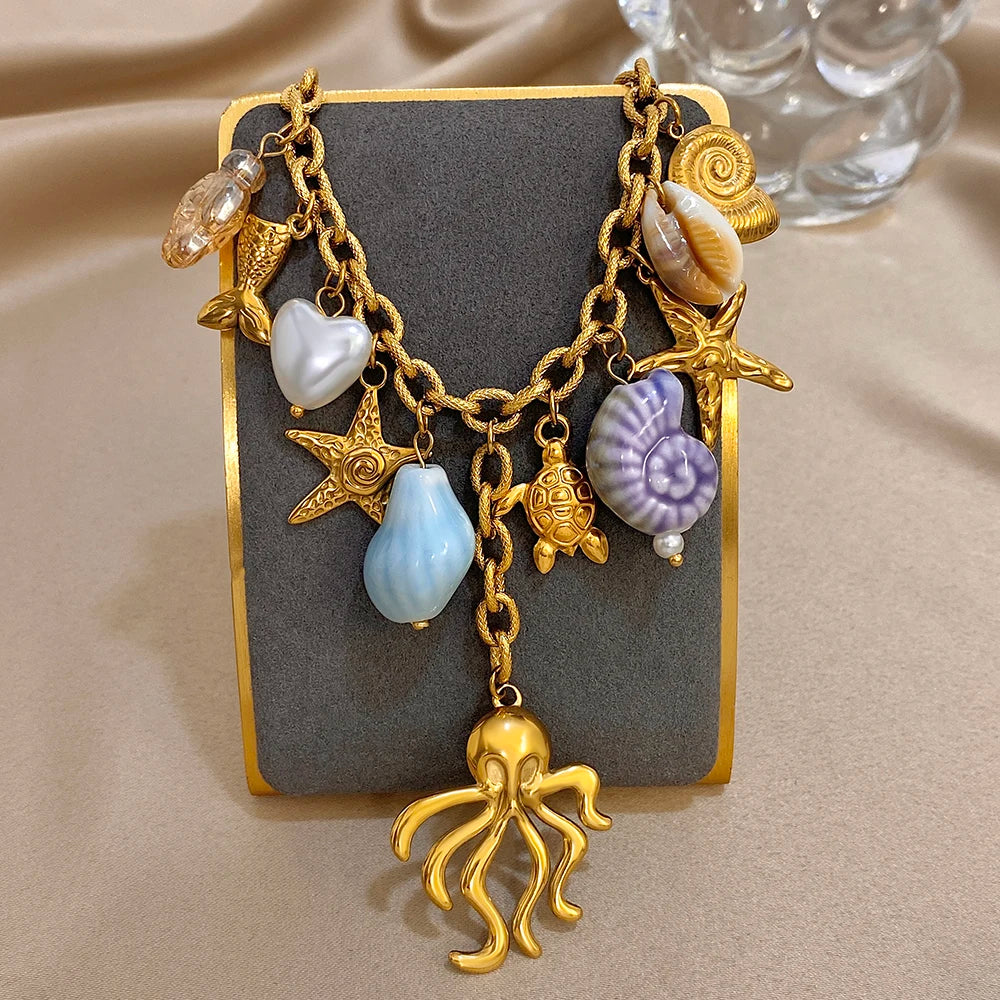 New Trend Chunky Stainless Steel Shell Starfish Turtle Charm Necklace Octopus Pendant Statement Gold Color Fashion Jewelry Gift