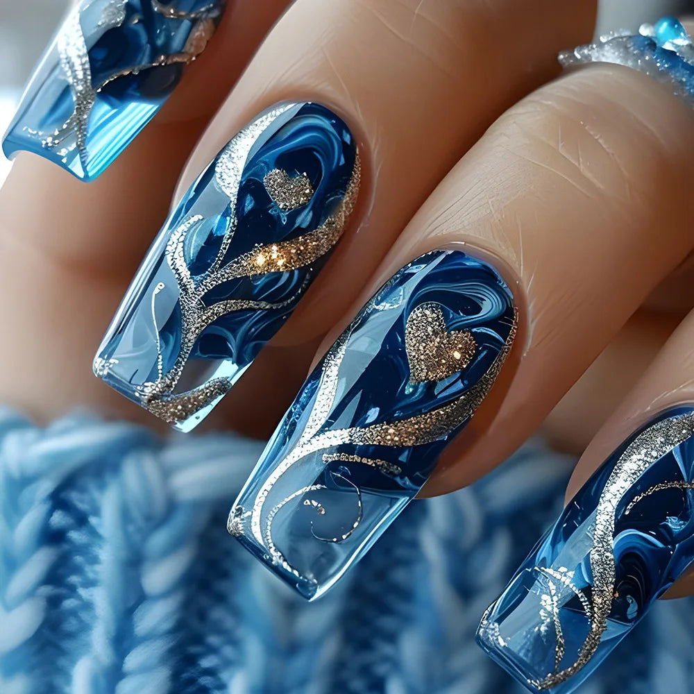 24pcs/set Medium long fake nails yellow dragon flowers feather design for Spring summer Square almond tips press on false nail