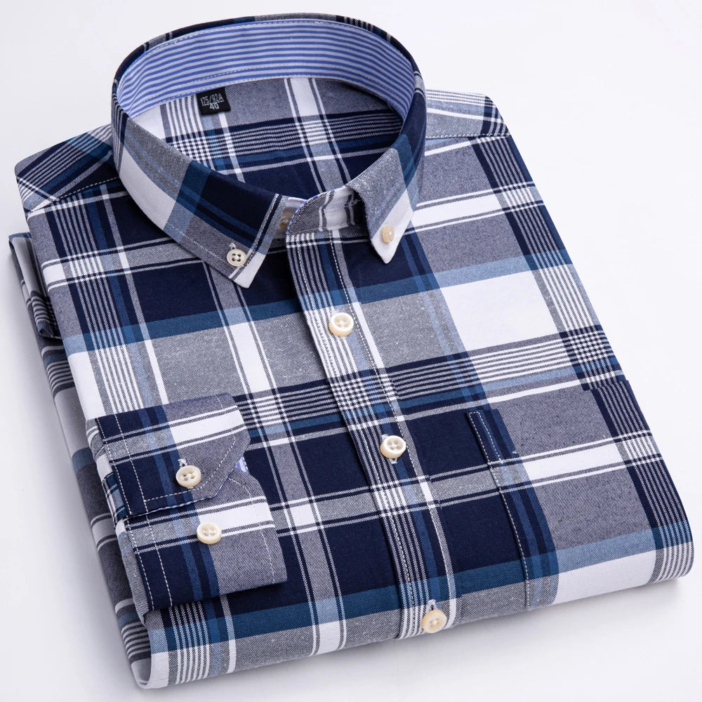 Men's 100% Cotton Contrast Plaid Long Sleeve Oxford Button-Down Shirt with Pocket, Breathable Comfort Regular Fit Casual Wear