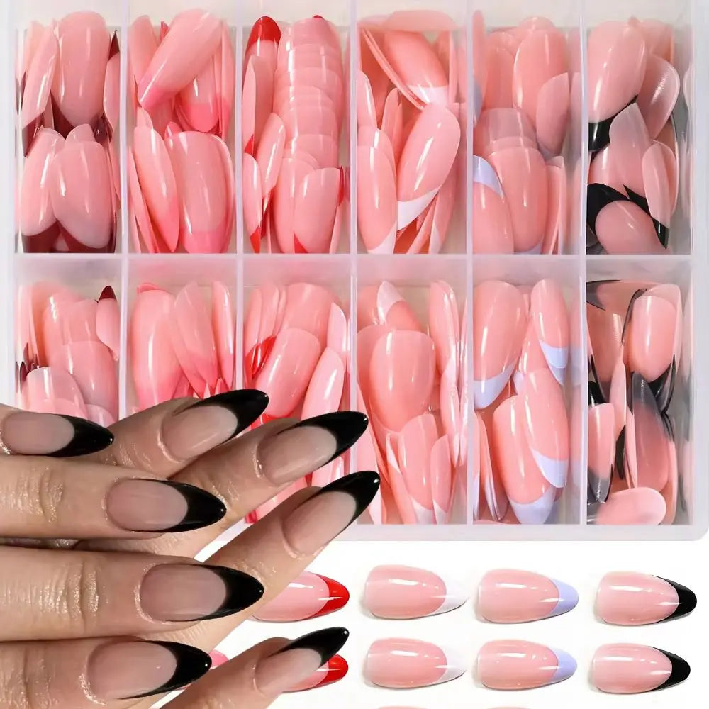 288Pcs Red Pink Medium Almond French False Nails Black White Oval Full Cover Fake Nails Tips Extension Wearable Press on Nails