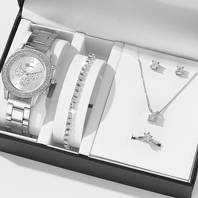 5PCS Quartz Watch Set Women Fashion Silver Round 3 Eyes Alloy Strap Wristwatch Gift Rhinestone Watch For Women Jewelry Set