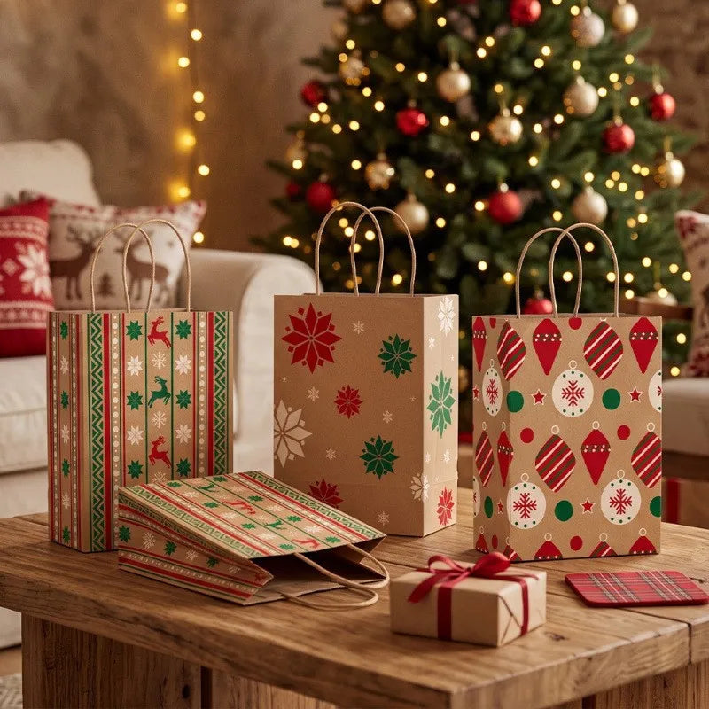 12Pcs Christmas Kraft Paper Gift Bags, 6 Designs Xmas Holiday Treat Bags,for Gift Wrapping, Candy & Cookie Packaging