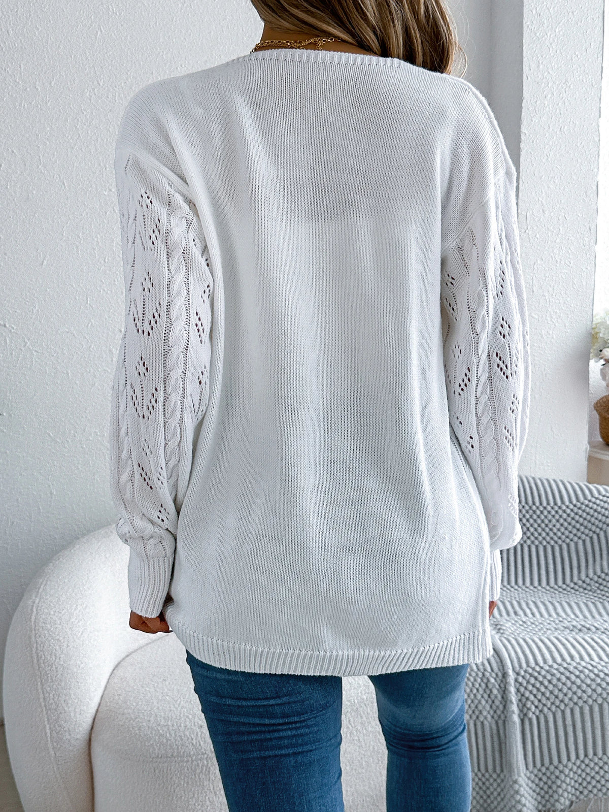 Women's Solid Color Hollow Out Knitted Cardigan Sweaters 2026 Autumn Winter Casual Lantern Long Sleeve Coats White Black Khaki