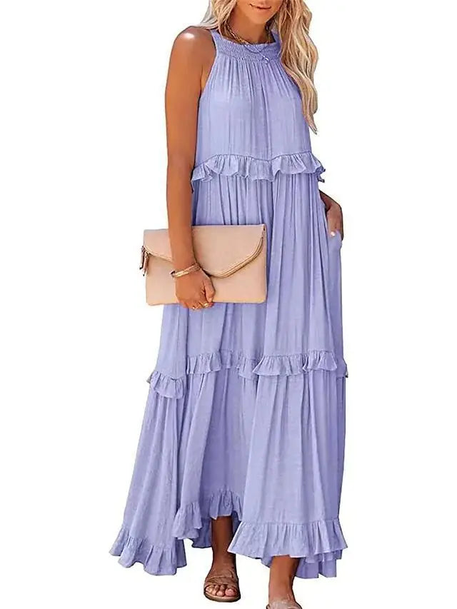 New Arrival Summer Vacation Halter Neck Long Dress – Backless Lace-Up Beach Style