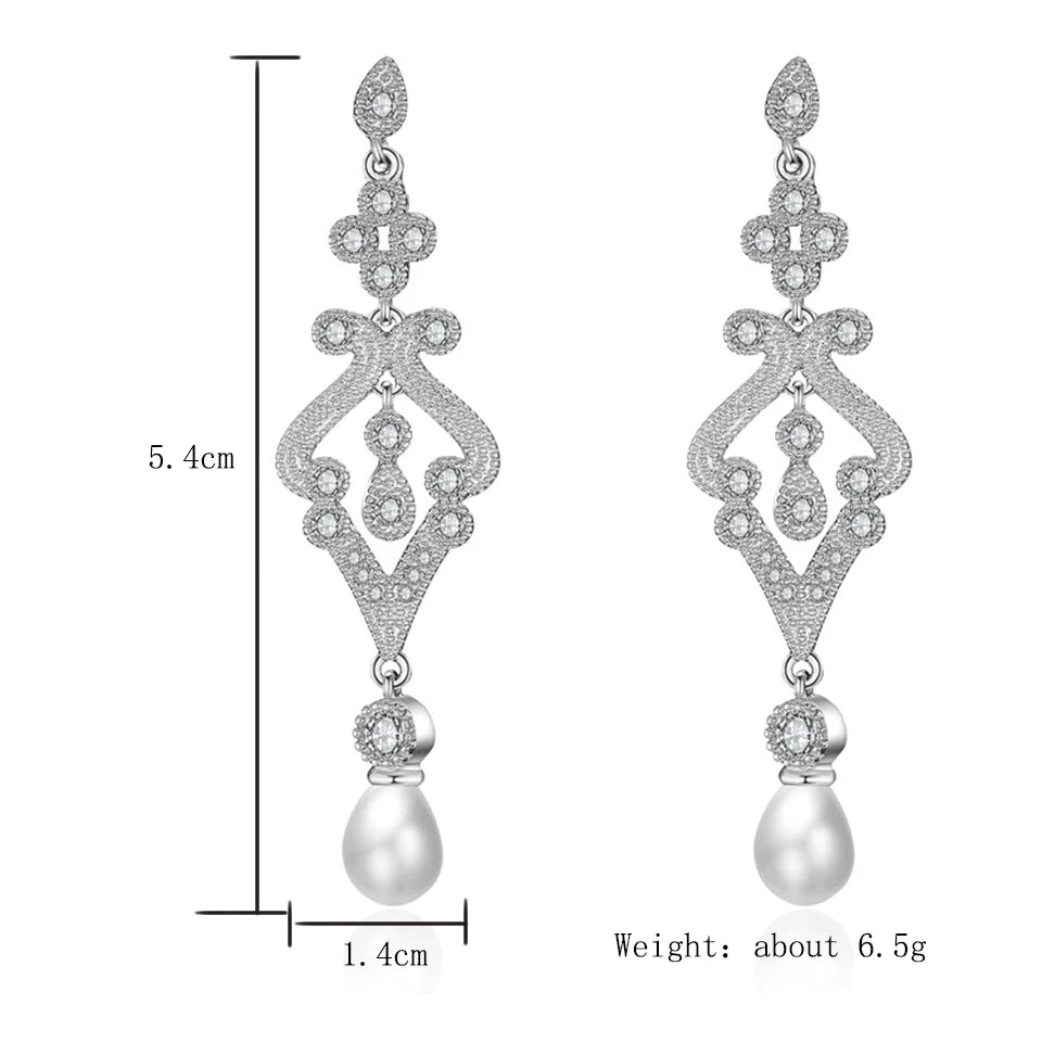 ZAKOL Elegant Simulated Pearl CZ Bridal Long Drop Earrings Fashion Engagement Wedding Jewelry Gifts for Women