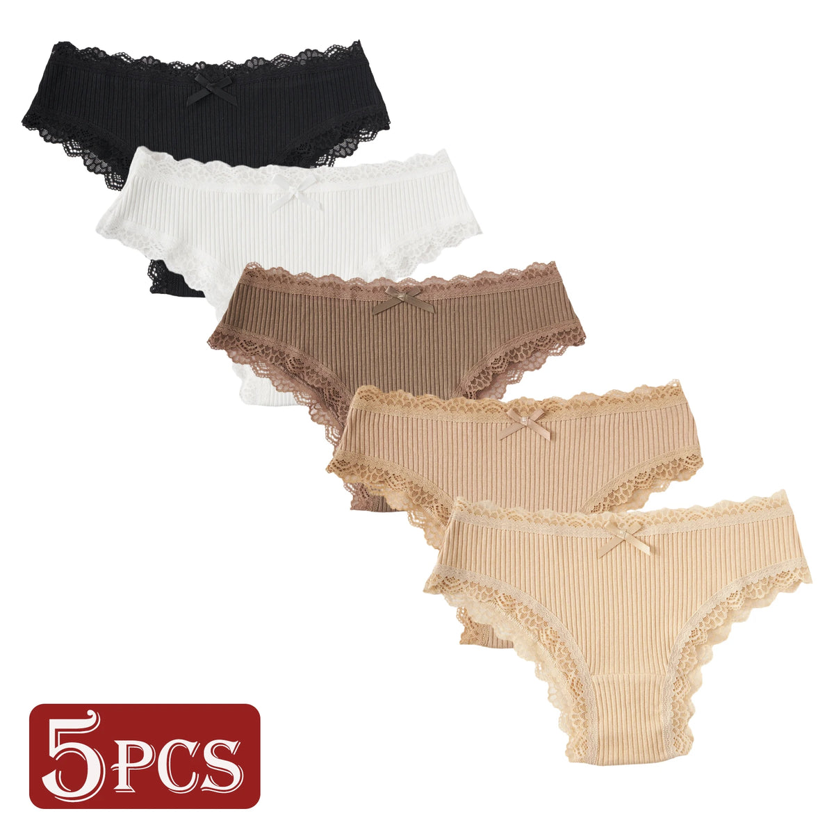 5PCS/Set Comfort Cotton Ribbed Panties Women Sexy Low Waist Briefs Seamless Underwear Lace Trim Bow Design Girls Pantys