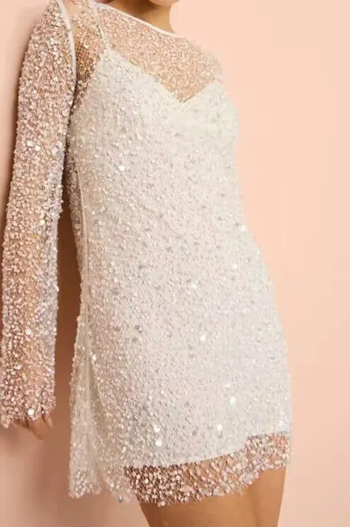 BKLD Christmas Women Sexy Sling Dress And Beading Long Sleeve Cover-Ups 2 Pieces Mini Dress Nightclub Party Wedding Outfits