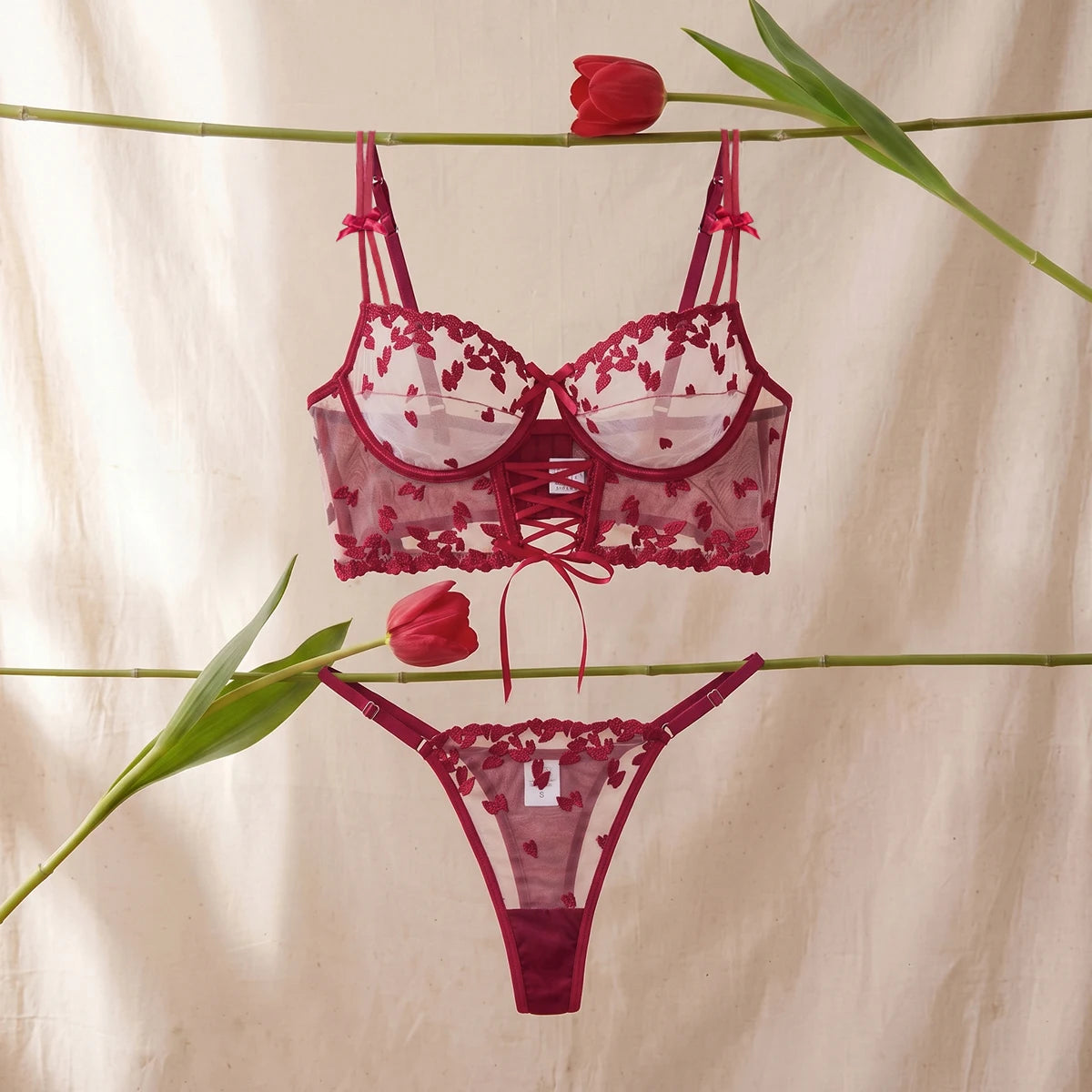 Red Wine Color Heart Embroidery Bra Set with Ornament Valentine's Day Gift Top Choice Lingerie Underwear for Women