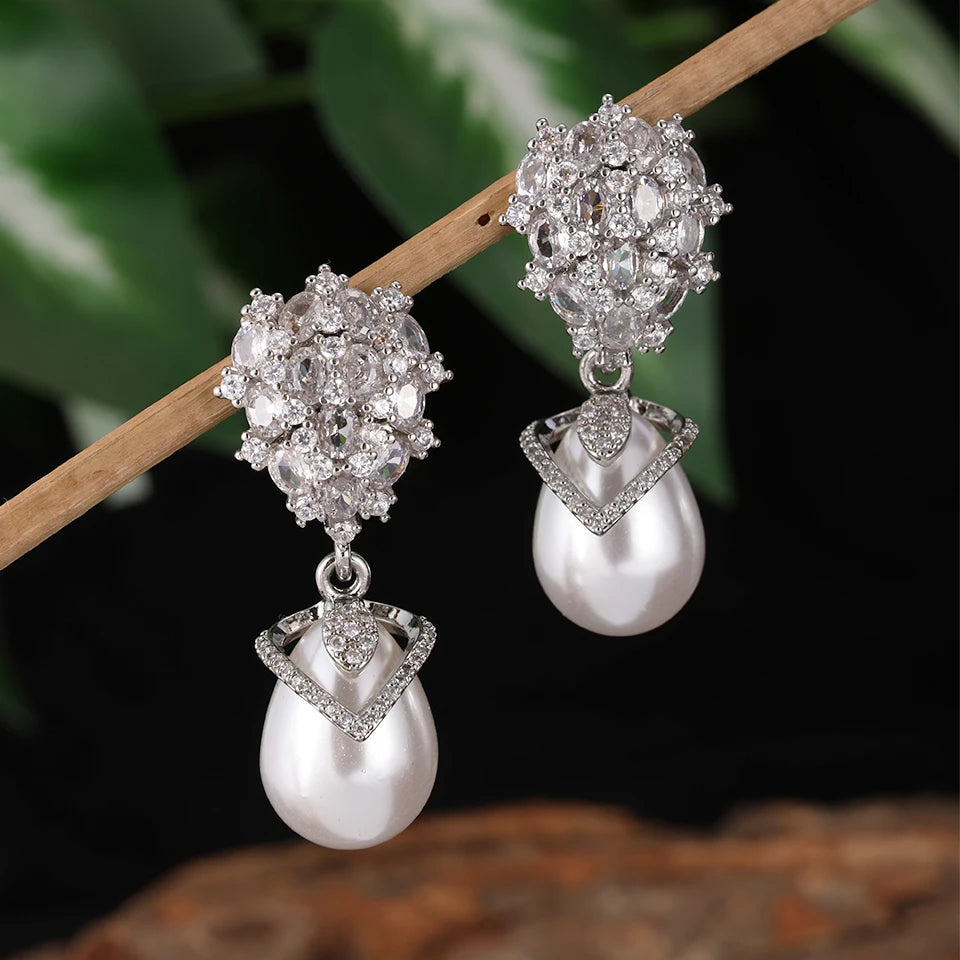 ZAKOL Luxury Big Teardrop Pearl Drop Earrings for Women Elegant Flower Shiny Zircon Wedding Party Jewelry Gift
