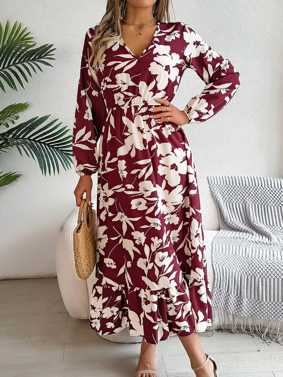 Spring Autumn Elegant V Neck Floral Print Dress 2026 Fashion Lantern Long Sleeve Ruffled Edge Maxi Dresses for Women Streetwear