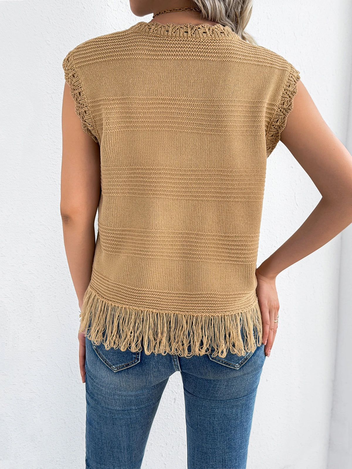 2026 Casual Round Neck Sleeveless Tassel Knit Sweater Vest for Spring Summer and Autumn Style Women Clothes Red Apricot Khaki