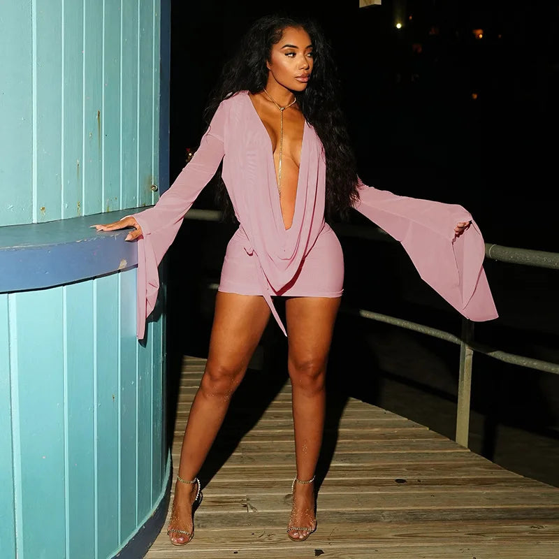 BKLD Solid Color 2026 New Women's Clothing Mesh Swinging Collar Long Sleeve Open Back A-line Short Dresses Party Clubwear
