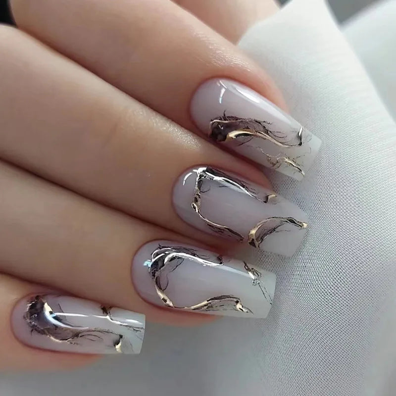 24pcs Acrylic Ballet False Nails Art Black Green Gradient Tips Coffin Press on Nails Set Flower Lines Pattern Stick on Fake Nail
