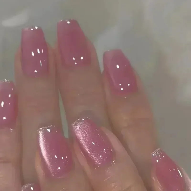24Pcs Medium Short Square False Nails Glittering Nail Art White Wearable Fake Nail Silver French Full Cover Press on Nail Tips