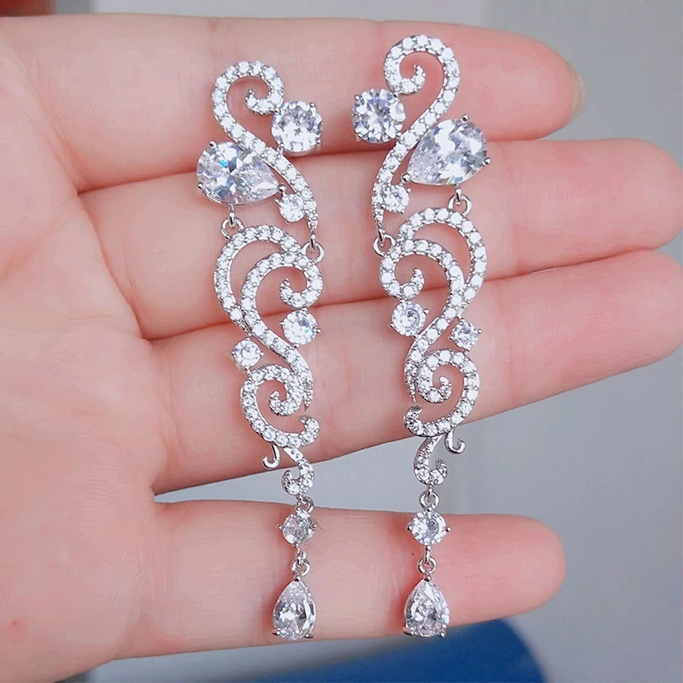 ZAKOL Luxury Shiny AAA Cubic Zirconia Hanging Earrings for Women Imitation Pearl Bridal Long Earring Women's Wedding Jewelry