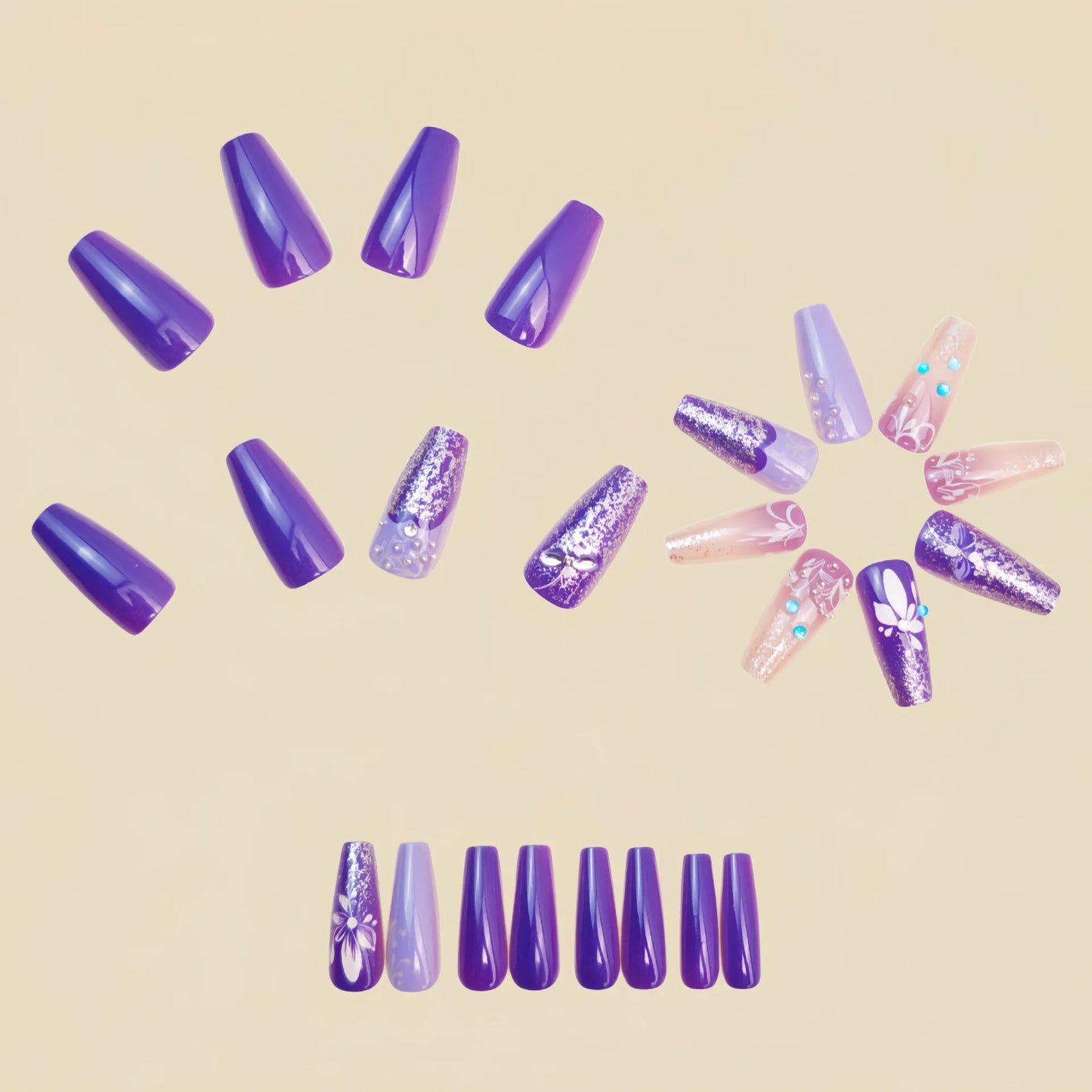 Medium long fake nails gradient purple blue colors with rhinestones design full cover reusable ABS press on Artificial nail