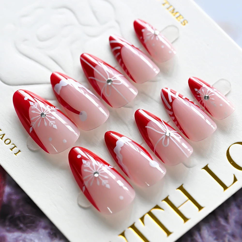 24Pcs Christmas Red French Almond Fake Nails Snowflake Xmas Hat Design Full Cover False Nail Acrylic Wearable Press On Nails