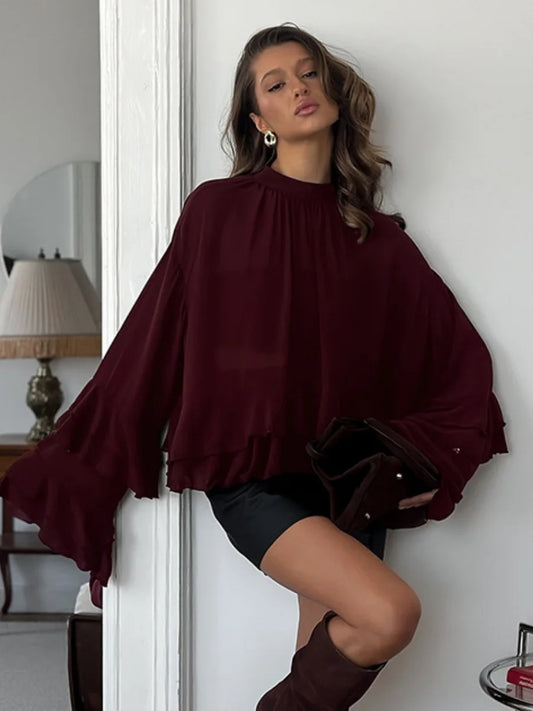 Women's Solid Ruffled Chiffon Blouse Elegant Long Flare Sleeve O-Neck Loose Fit Shirt Top Female Spring Autumn Casual Streetwear