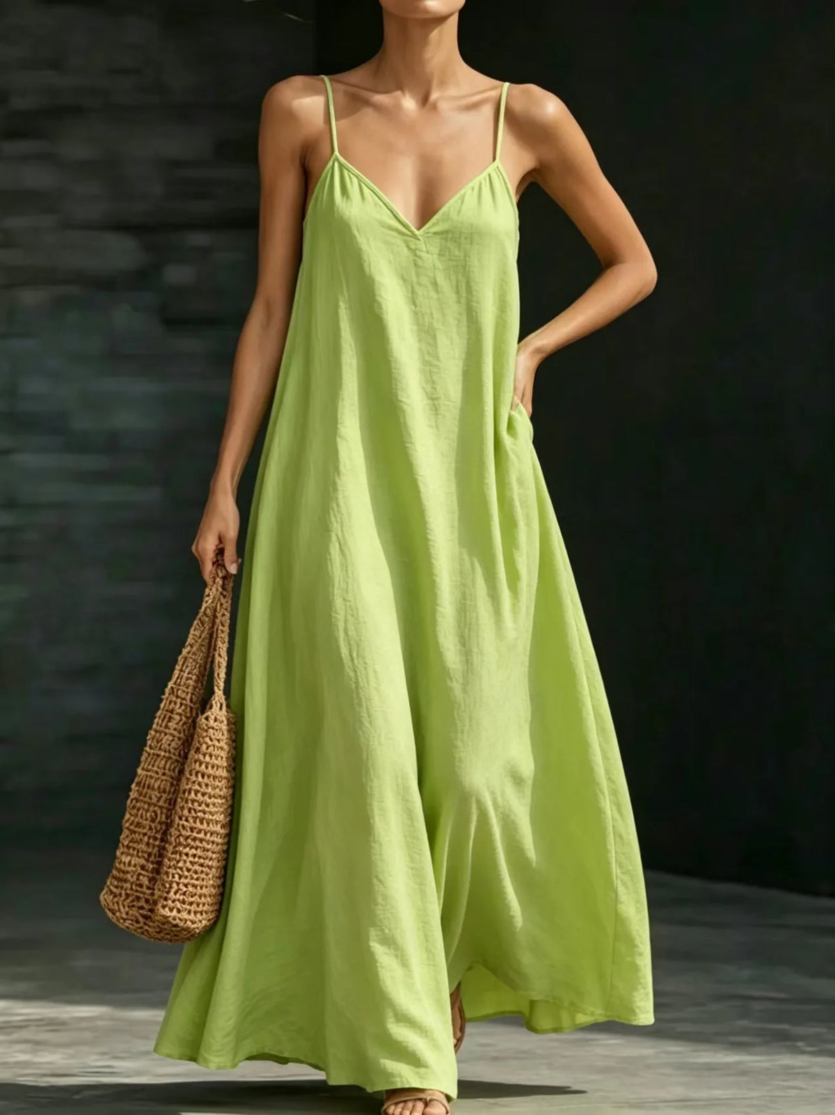 Women Linen Spaghetti Strap Maxi Dress V Neck Loose Swing Long Dress With Pockets Casual Summer Beach Vacation Sundress Ladies