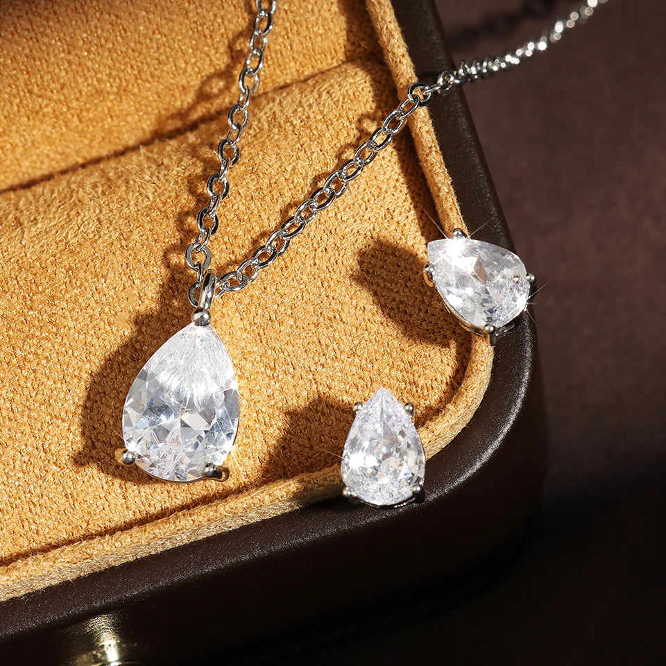 ZAKOL Exquisite Shiny Zircon Water Drop Round Earring Necklaces for Women Romantic Wedding Engagement Jewelry Set With Gift Box