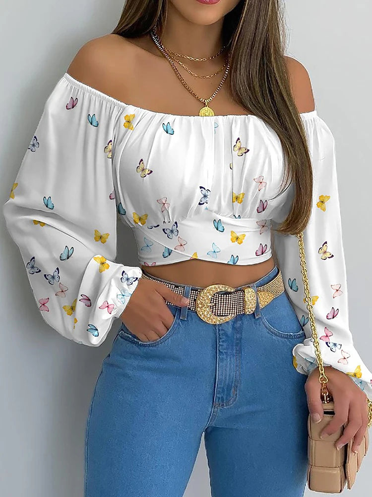 Women Elegant Boho Print Blouse Casual Long Lantern Sleeve Off Shoulder Slim Shirt Female Chic Cropped Top Summer Tunics