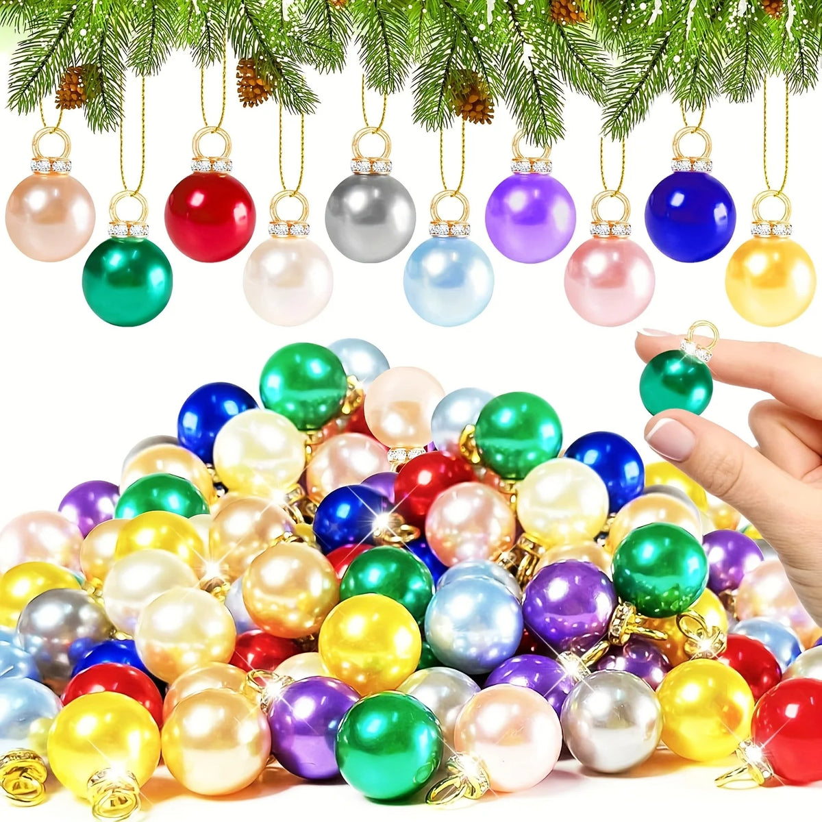 120 Pack Christmas Pearl Ornaments 12mm Faux Bead Pendants With Rhinestone For DIY Tree Garland Wreath Jewelry Decor