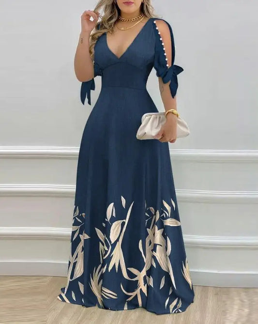 Women's V-Neck Maxi Dress – 2024 Spring/Summer Retro Style with Split Sleeves & Pearl Decor | فستان نسائي طويل بياقة V لربيع/صيف 2024 – تصميم كلاسيكي بأكمام مشقوقة وتزيين لؤلؤي