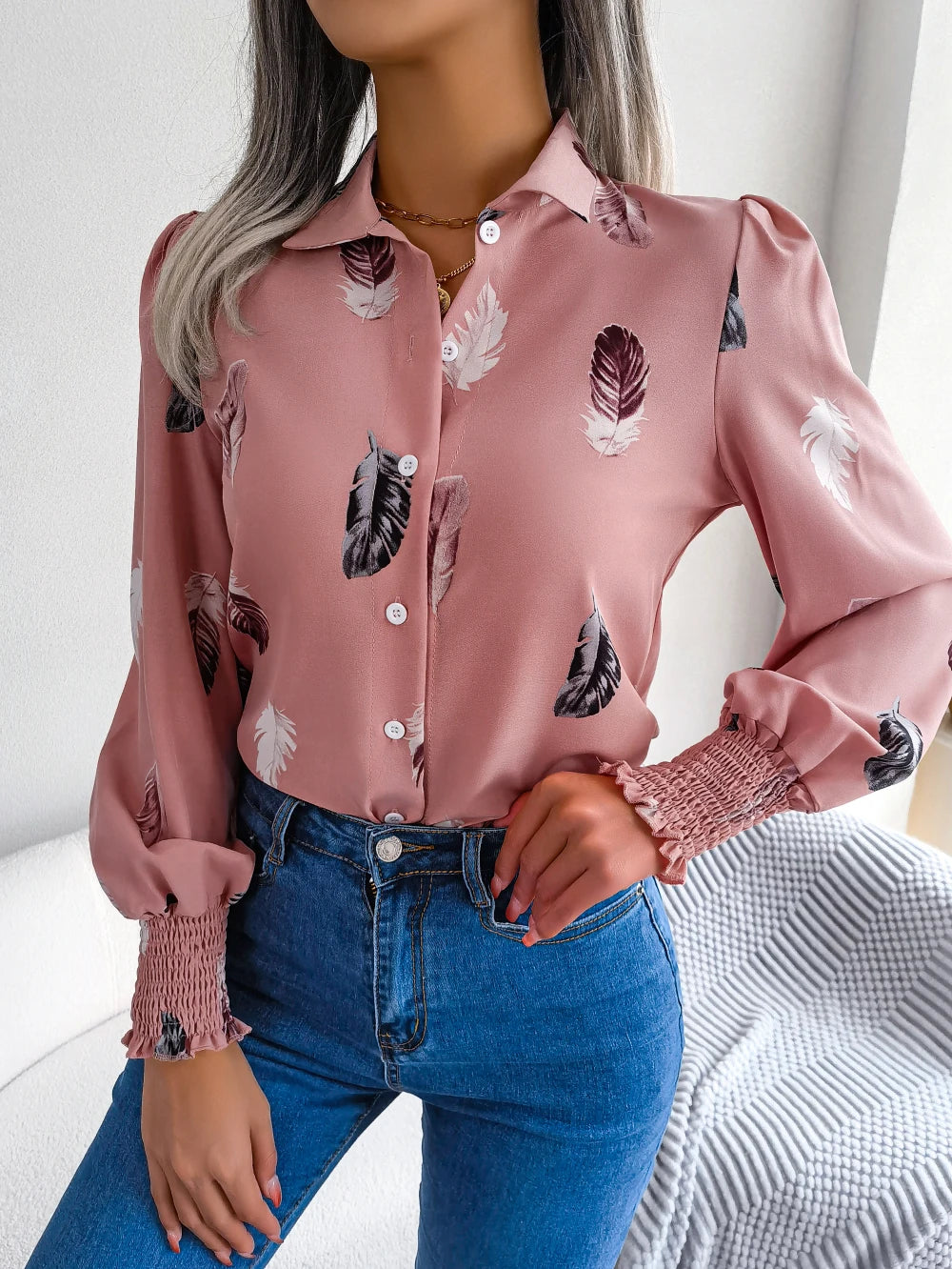 Women's Casual Feather Print Long Sleeve Office Lady Shirts for Autumn Turn Down Collar Buttons Woman Clothing White Pink Blue