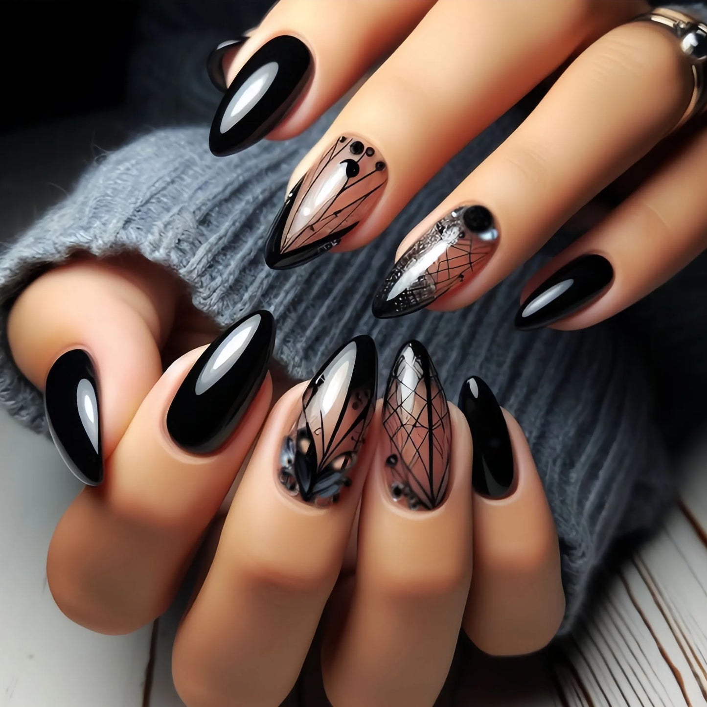 Medium fake nails for women girls gradient nude black flowers strips design Almond square shape full cover press on false nail