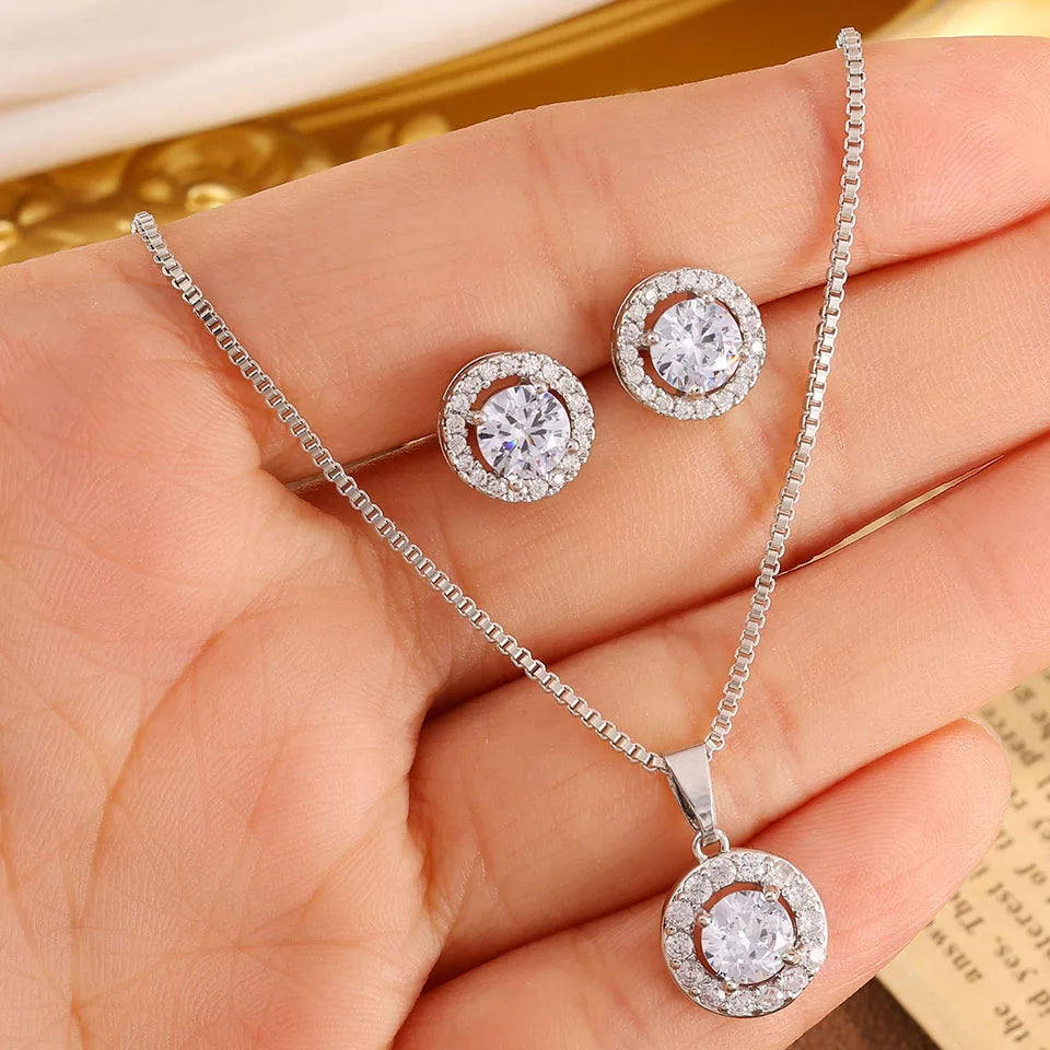 ZAKOL Creative Blue Turquoise Cubic Zirconia Round CZ Stud Earrings Necklace Set for Women Shiny Exquisite Jewelry Gifts