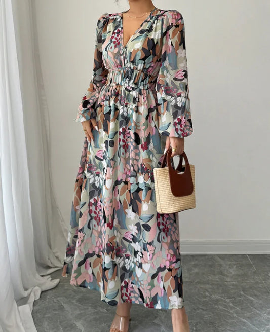 Elegant Floral V-Neck A-Line Dress – Cinched Waist & Lantern Sleeves for Summer | فستان أنيق بنقشة الزهور وياقة V – قصة A بخصر محدد وأكمام فانوس لصيف راقٍ