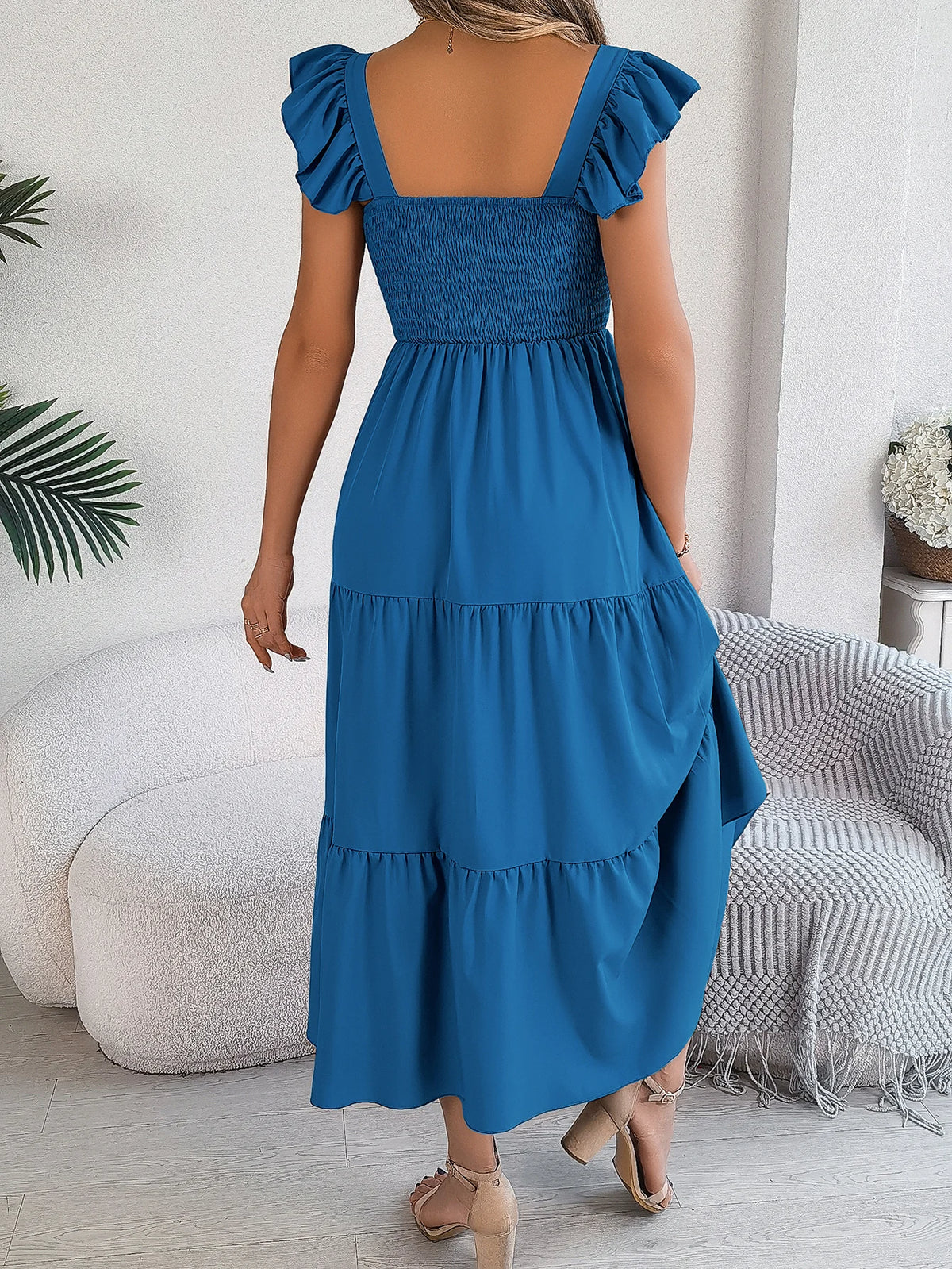 Spring Summer Solid Color Edible Tree Fungus Edge Square Neck Sleeveless Holiday Dress Elegant Long Dresses for Women Rose Blue