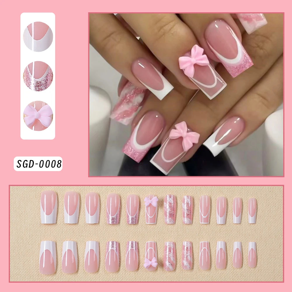 24pc Short Square French Fake Nails with Pearl Bow Acrylic Pink False Nail Wearable Press on Nails Full Cover Nail Tips
