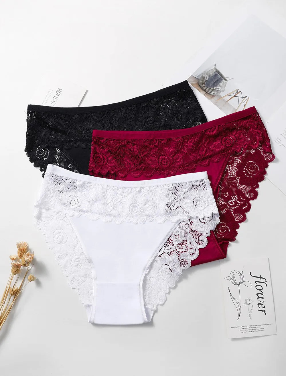 3PCS Women's Panties Sexy Hollow Out Flower Lace Cotton Splicing Briefs Comfort Lingerie Breathable Underpants Daily Wear
