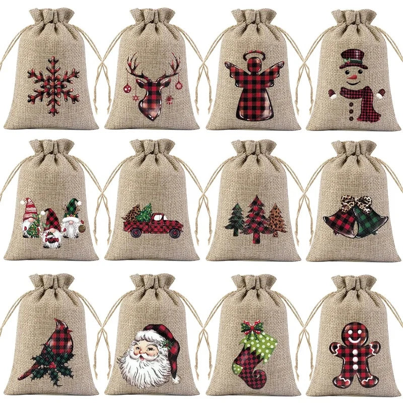 12/24Pcs Pack Christmas Gift Wrapping Bags with Drawstring Closure -for Small Trinkets, Apples, Candies,Gift for Holiday Parties