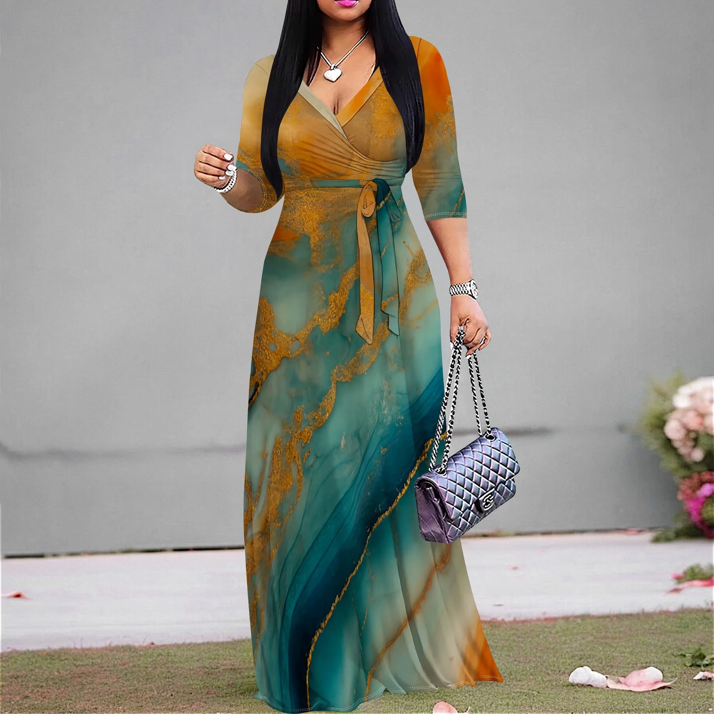 Marble Print Wrap Maxi Dress (S-3XL) – Elegant V-Neck Summer Dress for Wedding & Vacation | فستان ماكسي لف بنقشة الرخام (من S إلى 3XL) – تصميم أنيق برقبة V لصيف أنثوي للمناسبات والعطلات