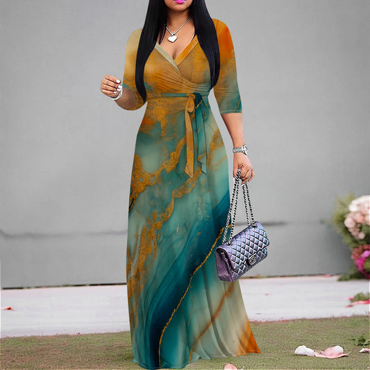Marble Print Wrap Maxi Dress (S-3XL) – Elegant V-Neck Summer Dress for Wedding & Vacation | فستان ماكسي لف بنقشة الرخام (من S إلى 3XL) – تصميم أنيق برقبة V لصيف أنثوي للمناسبات والعطلات