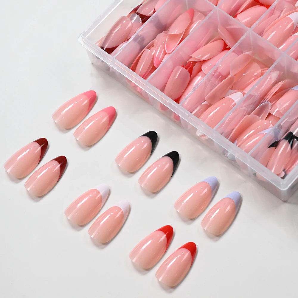 288Pcs Red Pink Medium Almond French False Nails Black White Oval Full Cover Fake Nails Tips Extension Wearable Press on Nails