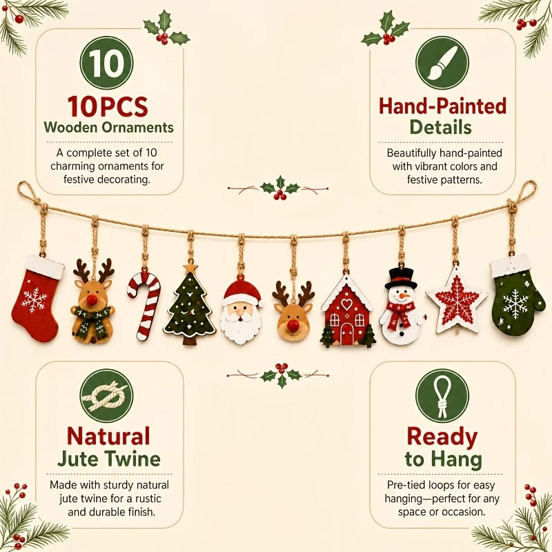 10Pcs Christmas Wooden Ornament Garland, Santa Snowman Reindeer Hanging Banner, Xmas Fireplace Wall Mantel Decorations