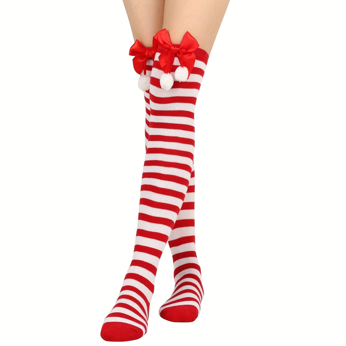 4-Pack Sweet Striped Stockings For Women Christmas Green Red Bows Cute Socks Over The Knee Long Socks Girls Stocking Students