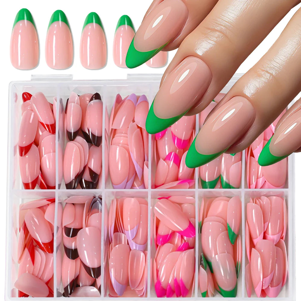 288Pcs Colorful Medium Almond French False Nails Red/Green/Pink/Purple Full Cover Fake Nails Tips Extension Women Press on Nails