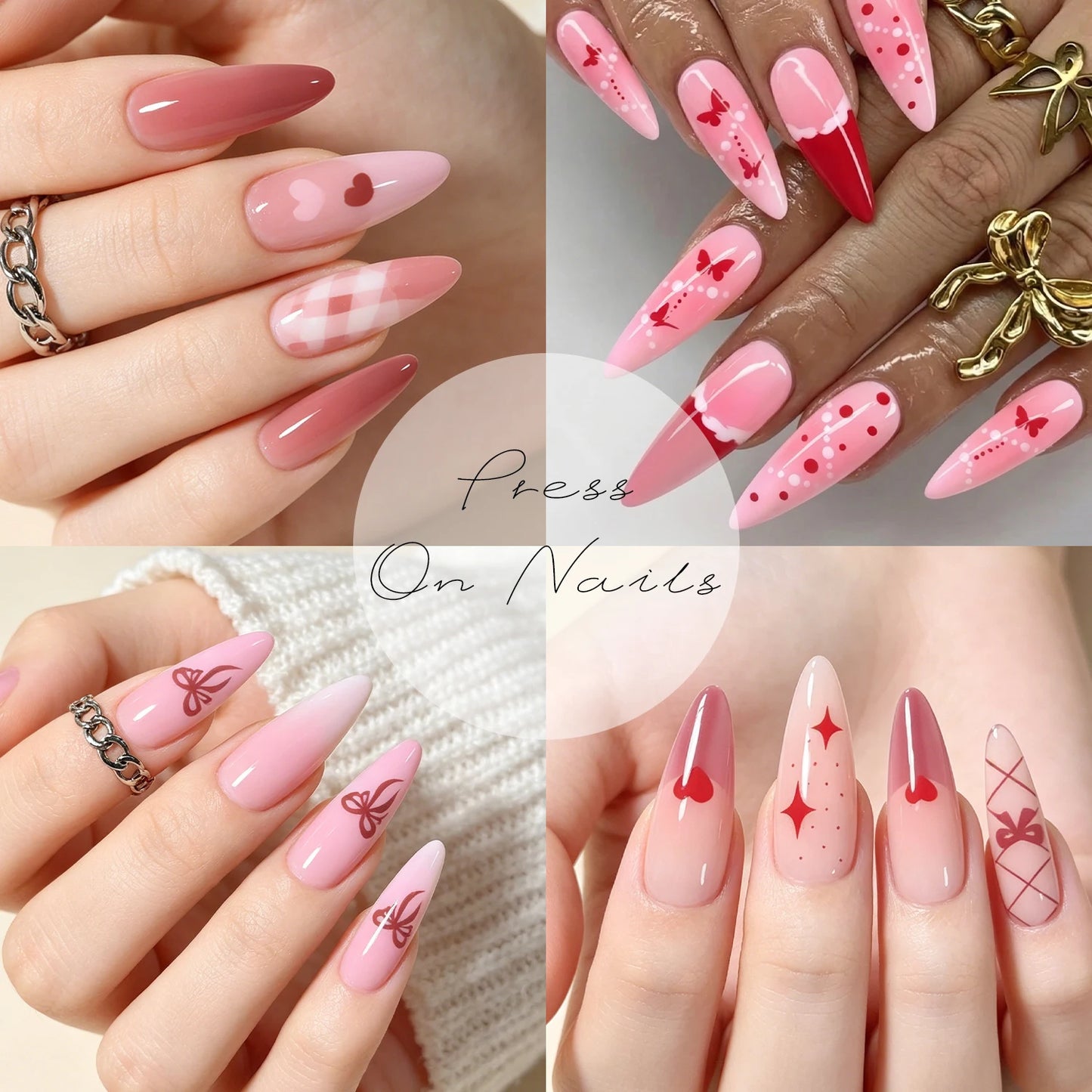 96pcs Gradient Long Almond Full Cover Fake Nails Tips with Bow Heart Plaid Design Blush Stiletto False Nails Women Press on Nail