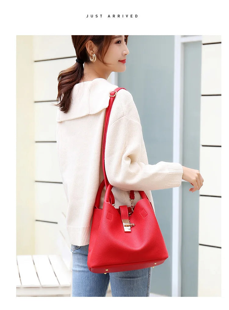 Women’s Large Capacity Shoulder & Crossbody Bag – Lychee Pattern PU Leather Bucket Style | حقيبة كتف وكروس نسائية كبيرة السعة – تصميم دلو من جلد صناعي بنقشة الليتشي