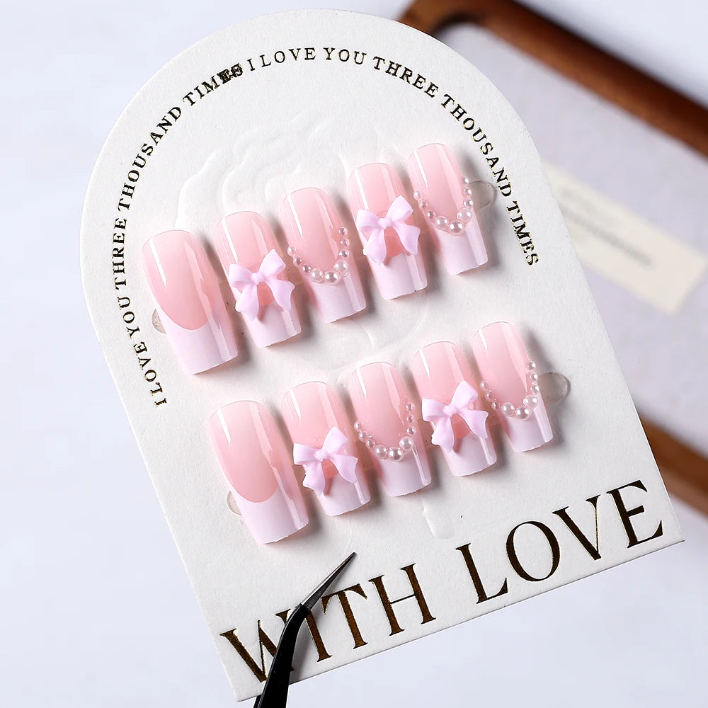 24pc Short Square French Fake Nails with Pearl Bow Acrylic Pink False Nail Wearable Press on Nails Full Cover Nail Tips