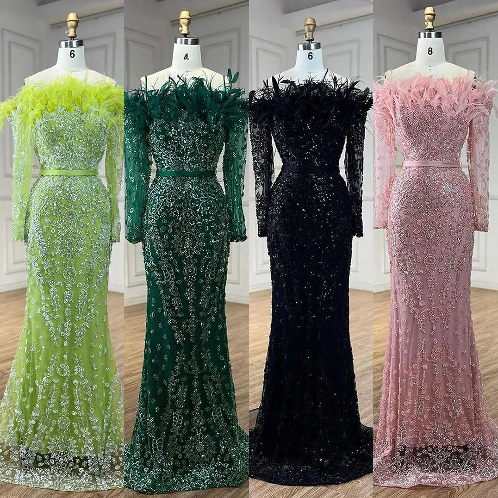 BKLD Woman Clothing Off The Shoulder Feather Mermaid Dress Sexy 2026 Solid Color Elegantes  Long Sleeve Party Dress Vestidos