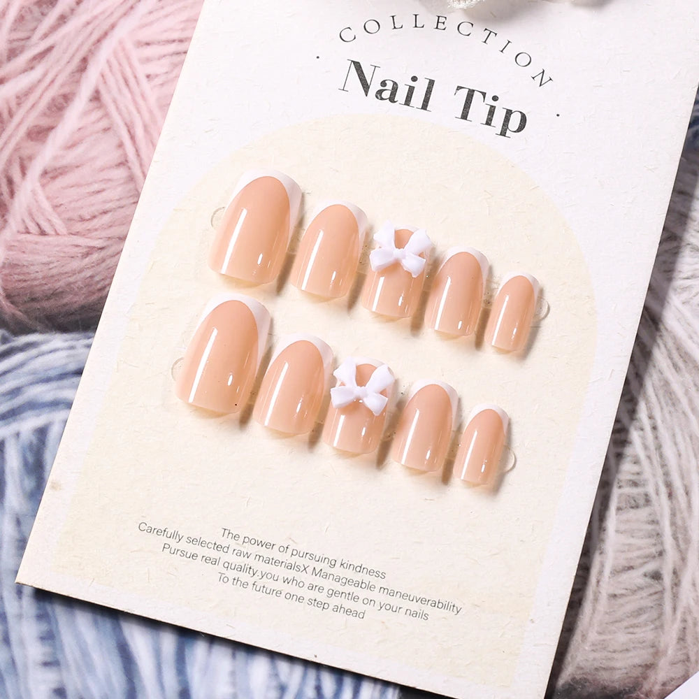 24Pcs White French Press On Nails 3D Bow Design Full Cover Wearable False Nails Short Square Head Ballet Fake Nails For Women