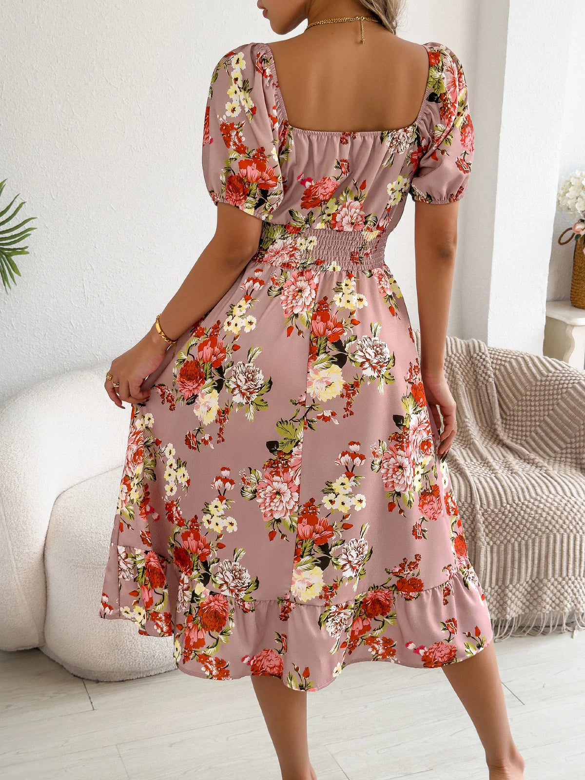 Elegant Floral Print Dresses for Women 2026 Spring Summer Casual Square Neck Short Sleeve Waist Cinching A Line Ruffled Dress
