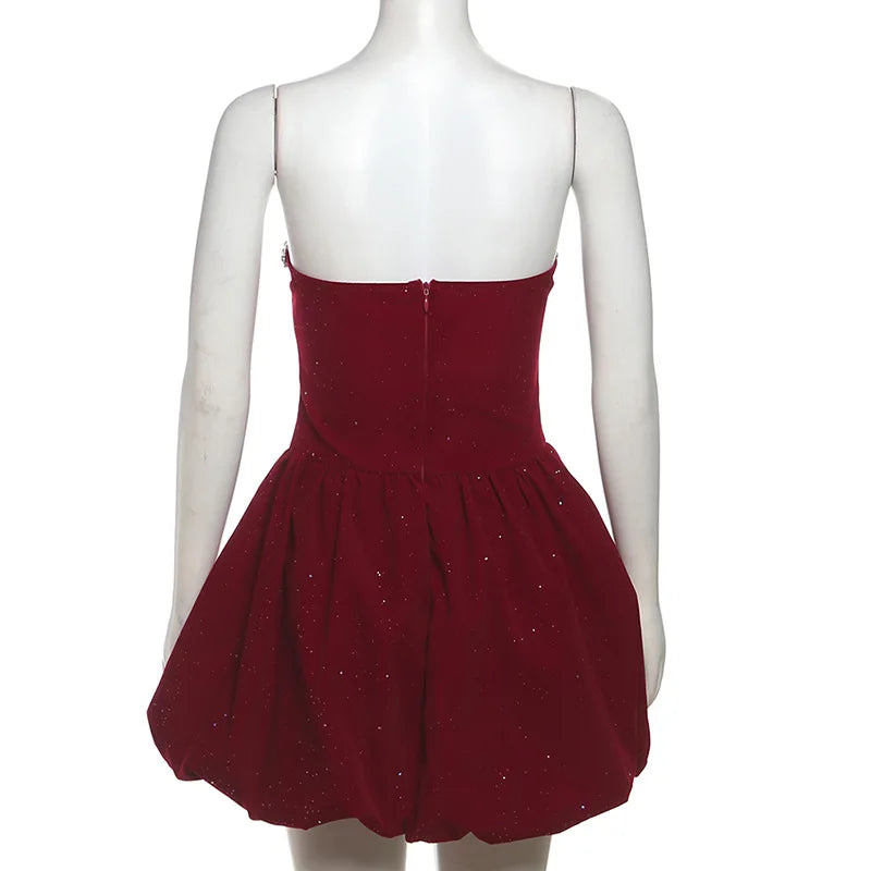 BKLD 2026 Winter New Women Clothing Elegant Fashion Strapless Sequin Diamonds Patchwork A-Line Puffy Dress Party Clubwear